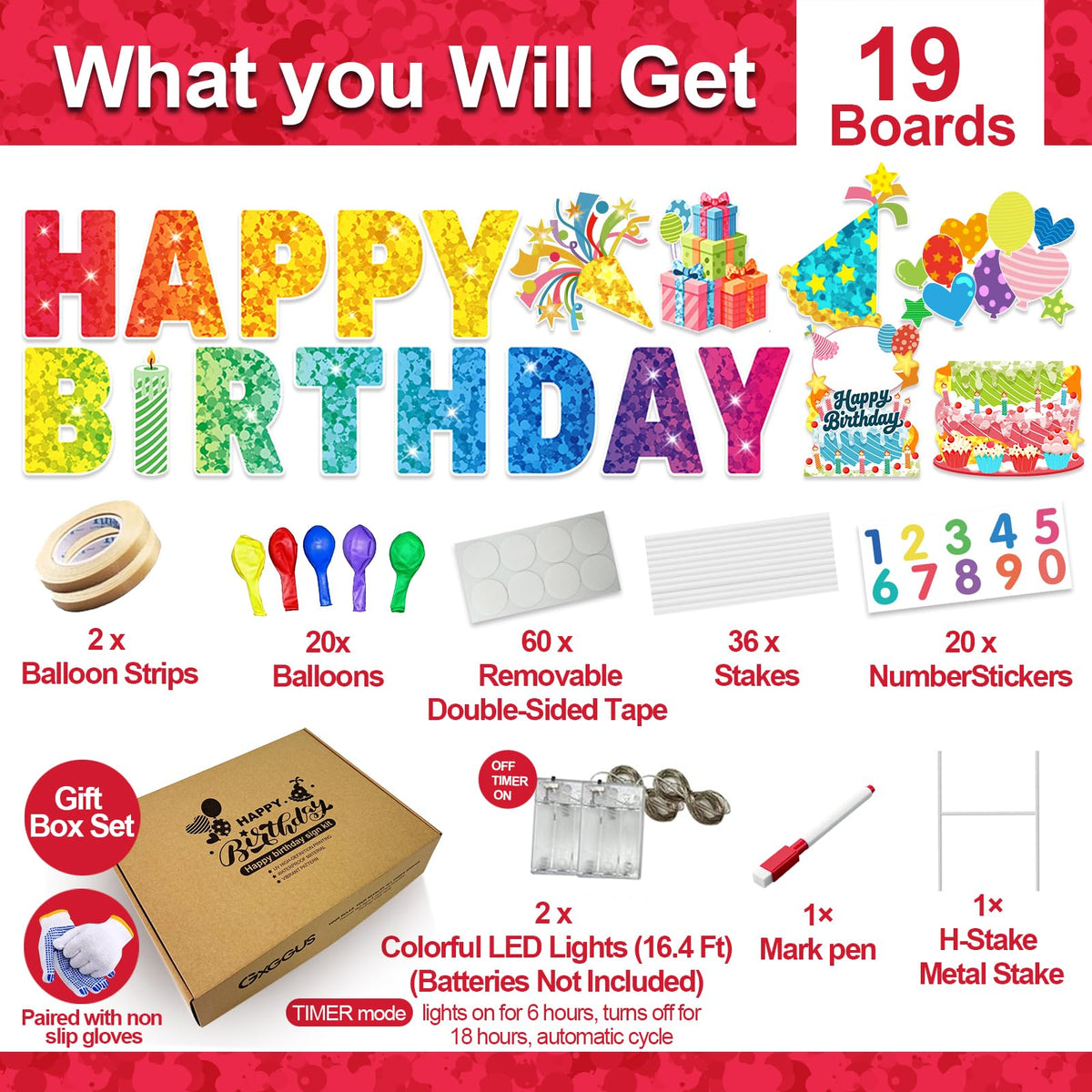GXGGUS LED lights illuminate yard signs for warm birthday ambiance