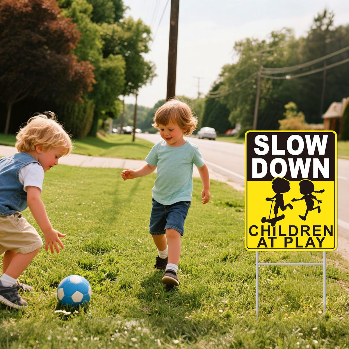 GXGGUS slow-down signs in-use on street promoting safer neighborhood play