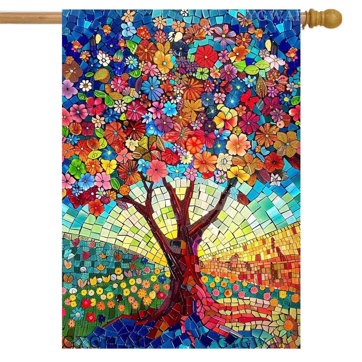 GYGWAI flag front view shows vibrant stained glass tree of life for outdoors.