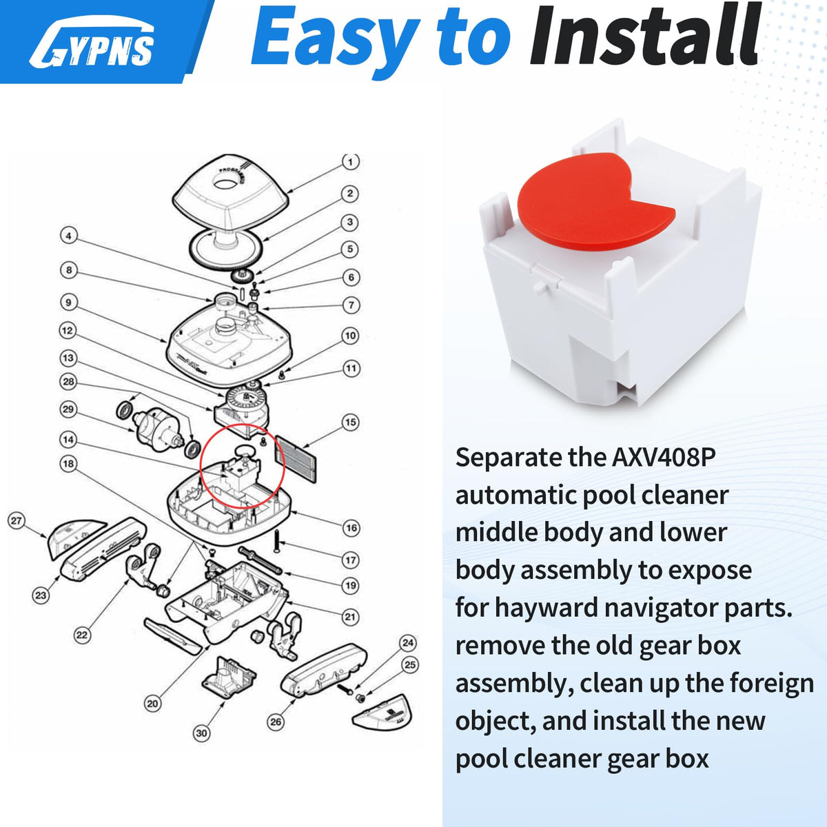 Durable crack resistant housing on AXV408P gear box close up.
