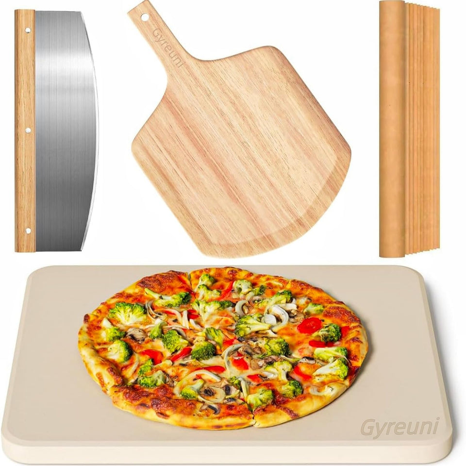 Gyreuni rectangle pizza stone 15-inch heats evenly for a crisp crust.