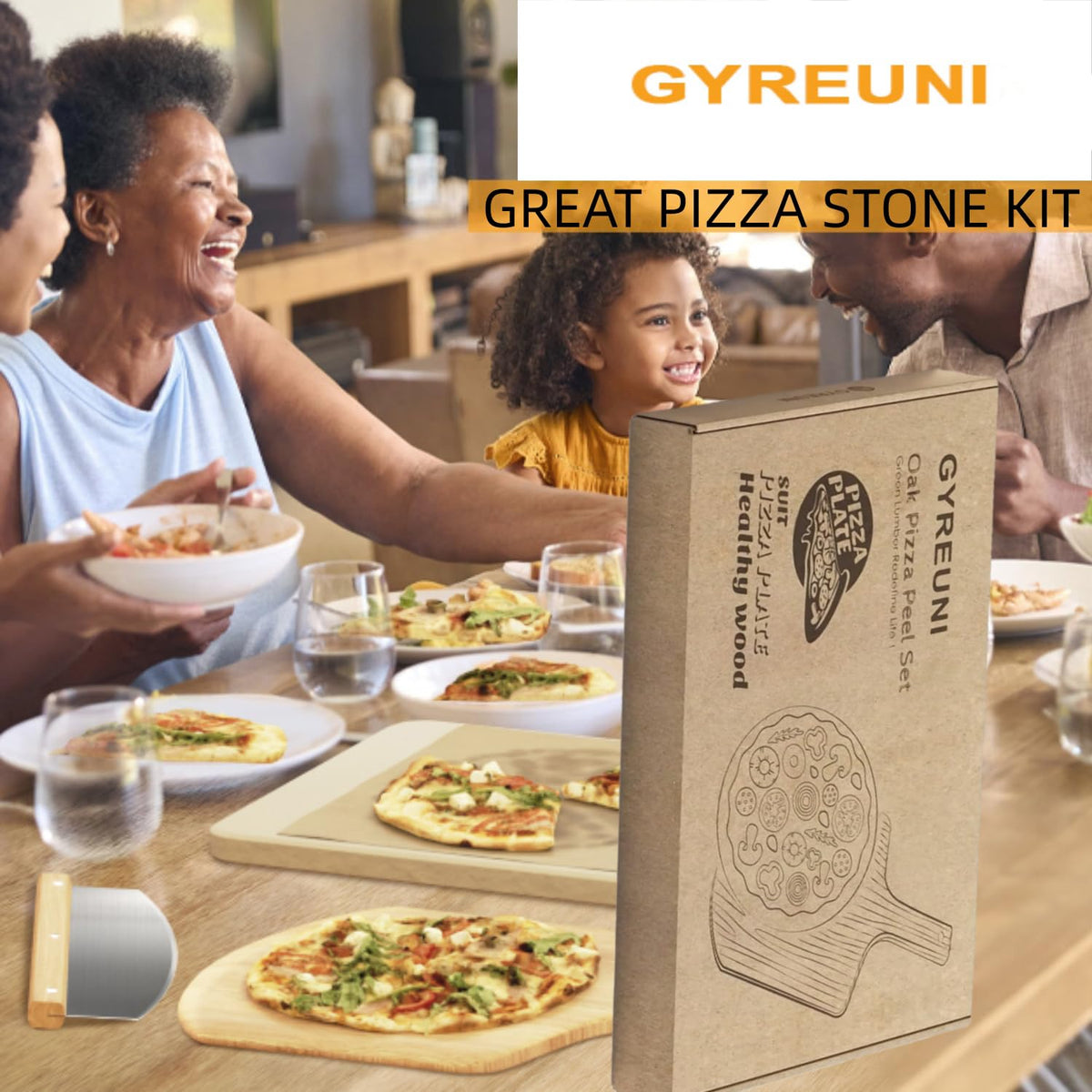 Gyreuni wood pizza peel on counter shows durable, stylish baking tool.