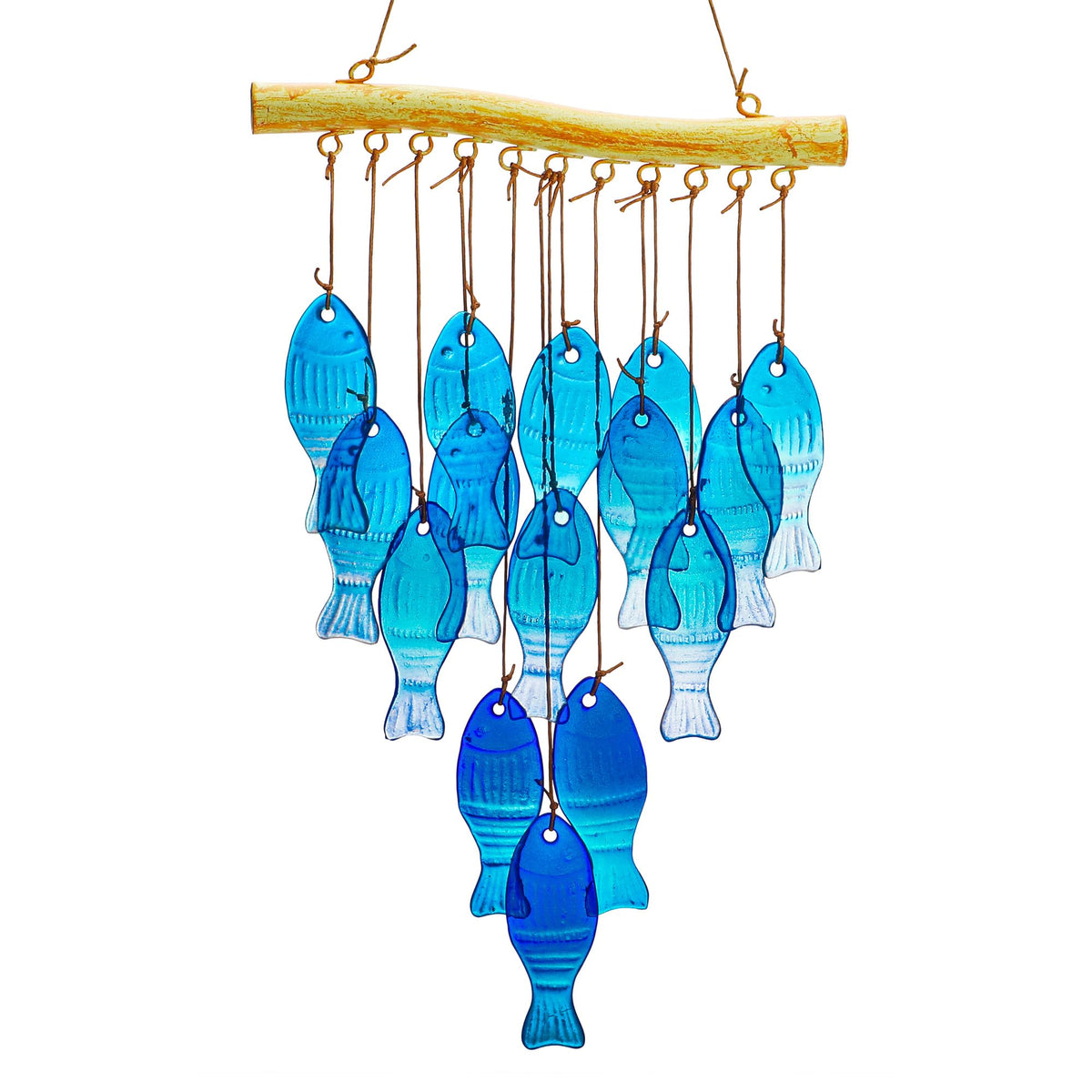 H&D Hyaline & Dora blue glass fish wind chime glistens in sunlight for outdoor charm.