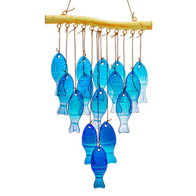 H&D Hyaline & Dora blue glass fish wind chime glistens in sunlight for outdoor charm.