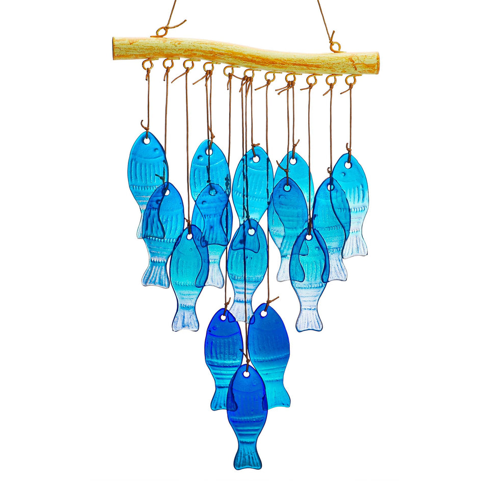 H&D Hyaline & Dora blue glass fish wind chime glistens in sunlight for outdoor charm.
