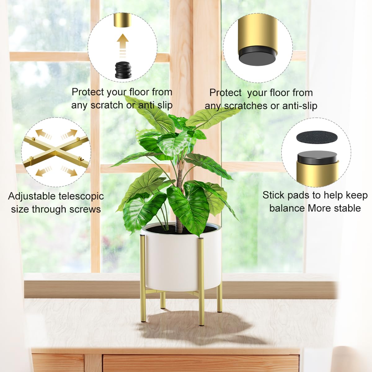 H HOMEXIN mid-century gold plant stand complements decor and elevates plants.