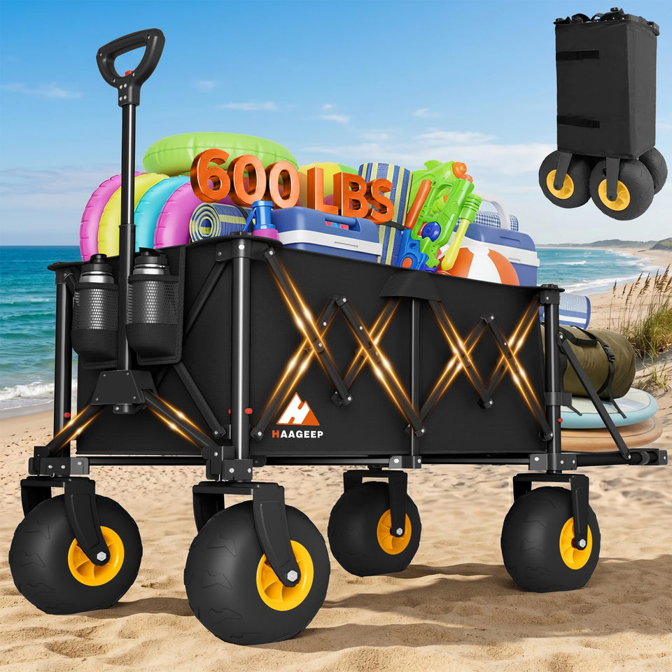 HAAGEEP heavy-duty beach wagon with 10in wheels glides over sand with ease.