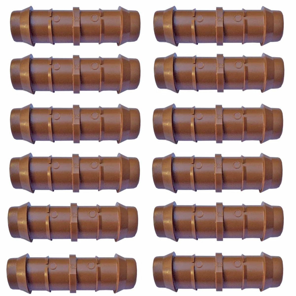 Habitech 12-pack barbed couplers for drip irrigation, secure, leak-resistant connections.