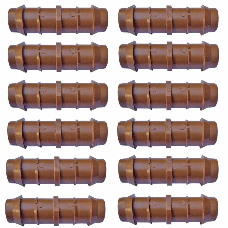 Habitech 12-pack barbed couplers for drip irrigation, secure, leak-resistant connections.