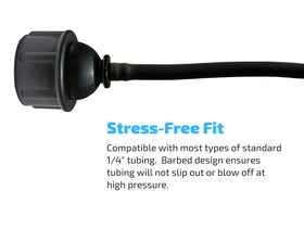 Habitech barbed connection for 3-4in FHT ensures slip-free tubing.