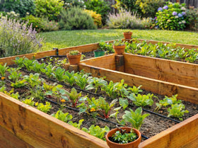 Habitech garden layout example illustrating water delivery across rows and planters.