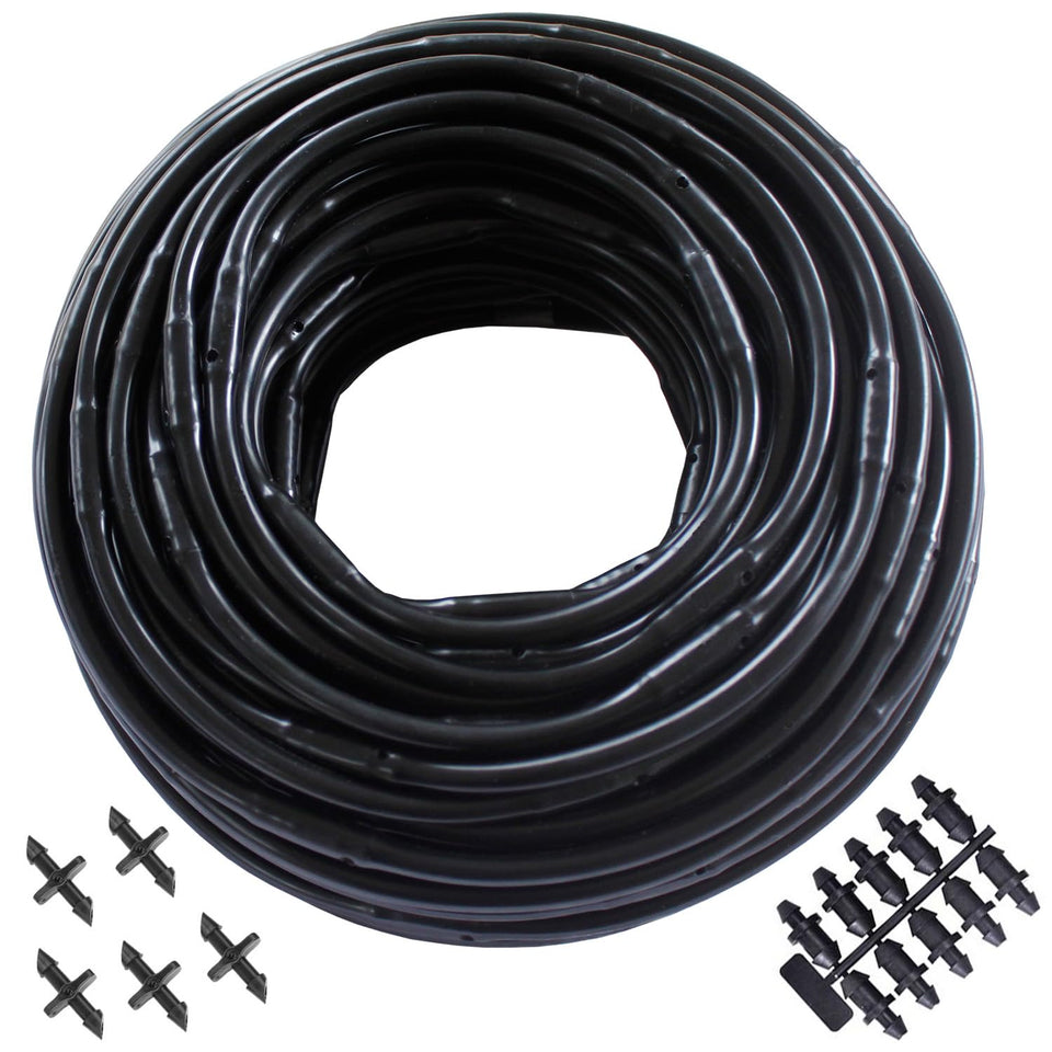Habitech quarter-inch dripline 100ft roll with built-in emitters for simple garden irrigation.