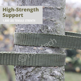 Habitech tree tie strap supporting a young tree safely in a garden