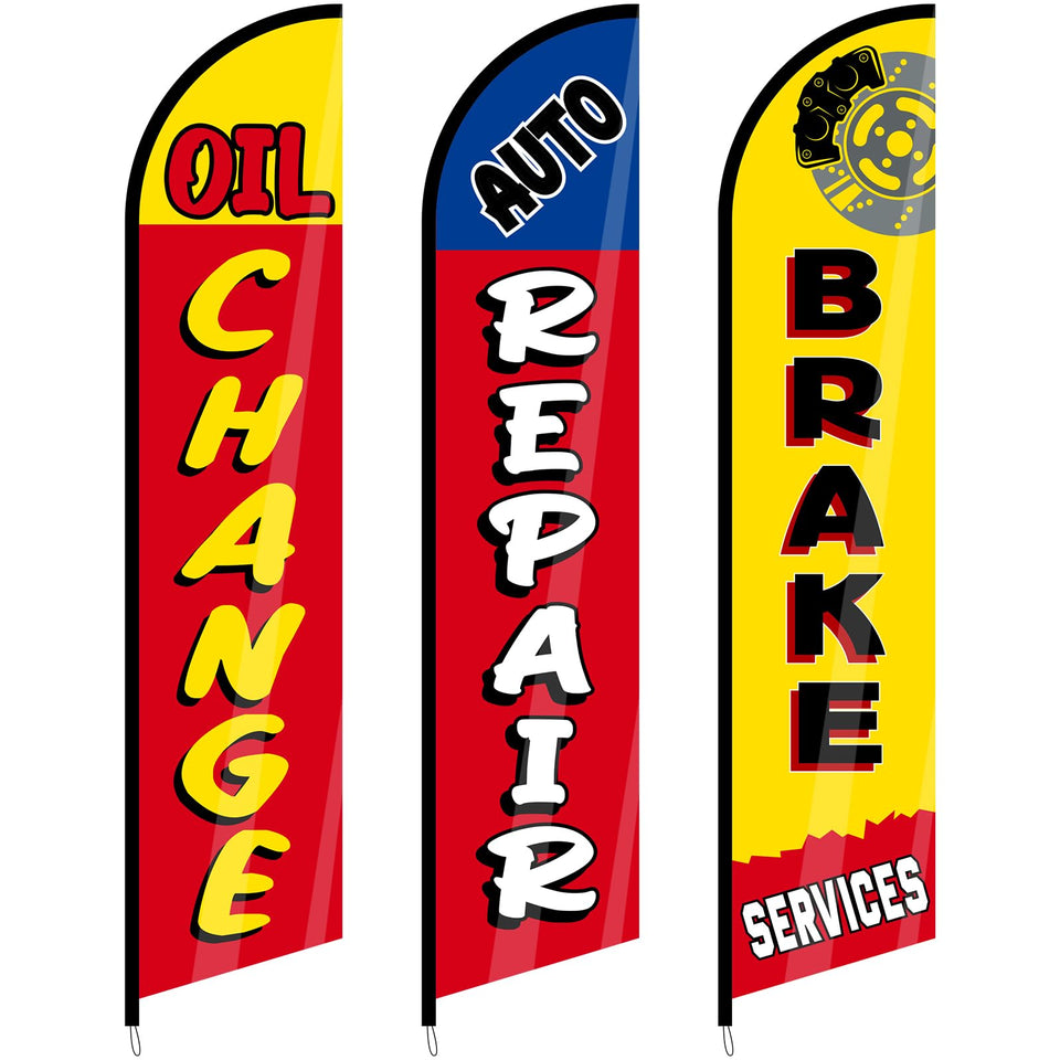 Hahafelt oil-change flag 3-pack boosts auto shop visibility outdoors.