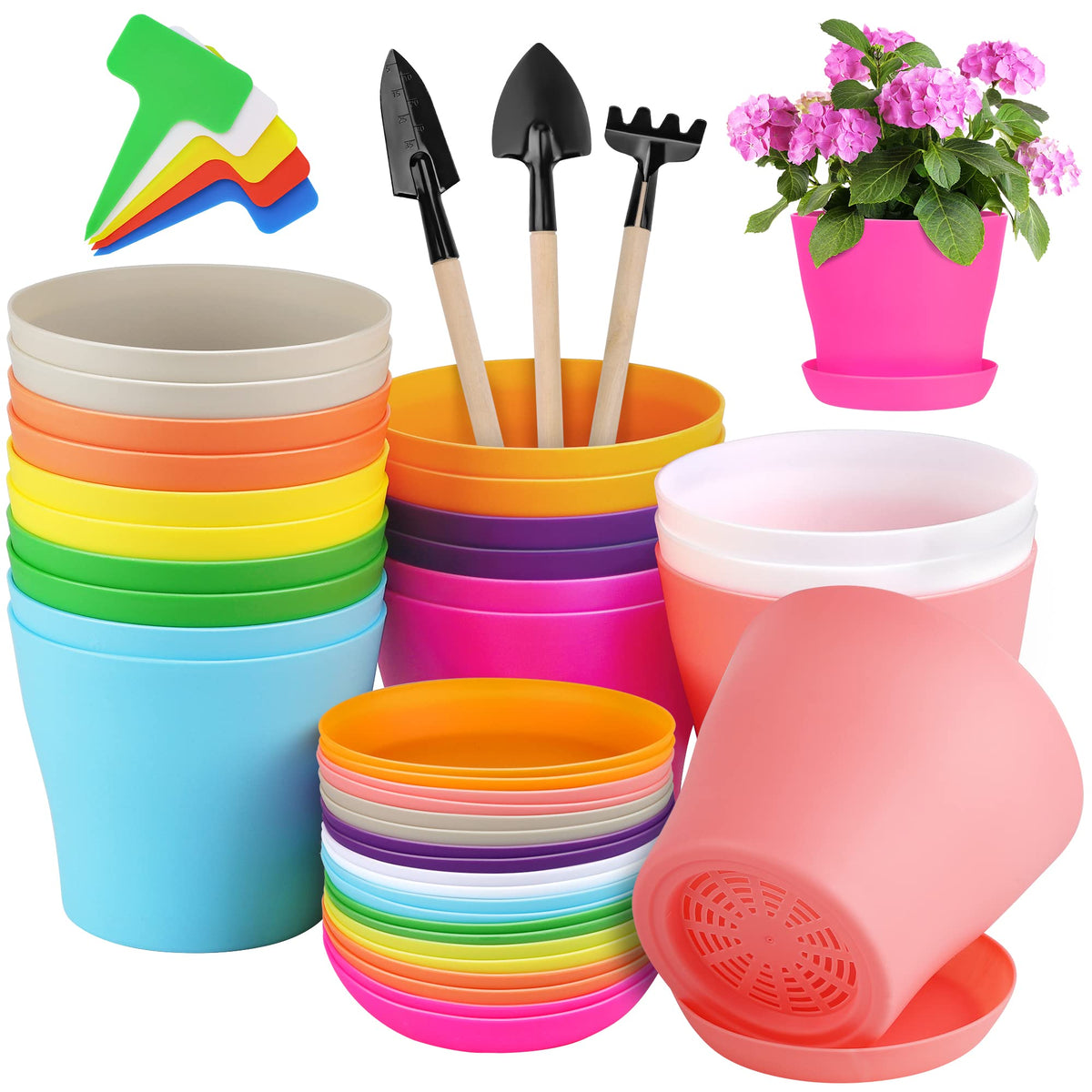Hahood 20-pack plastic planters 5.5-inch for seedling setup and color variety.