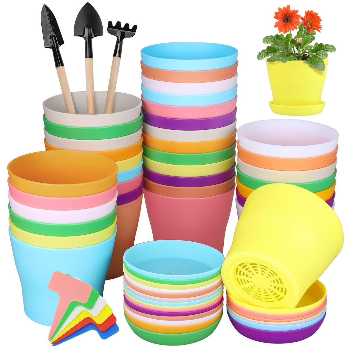 Hahood 36-pack colorful pots with trays for vibrant home garden displays.