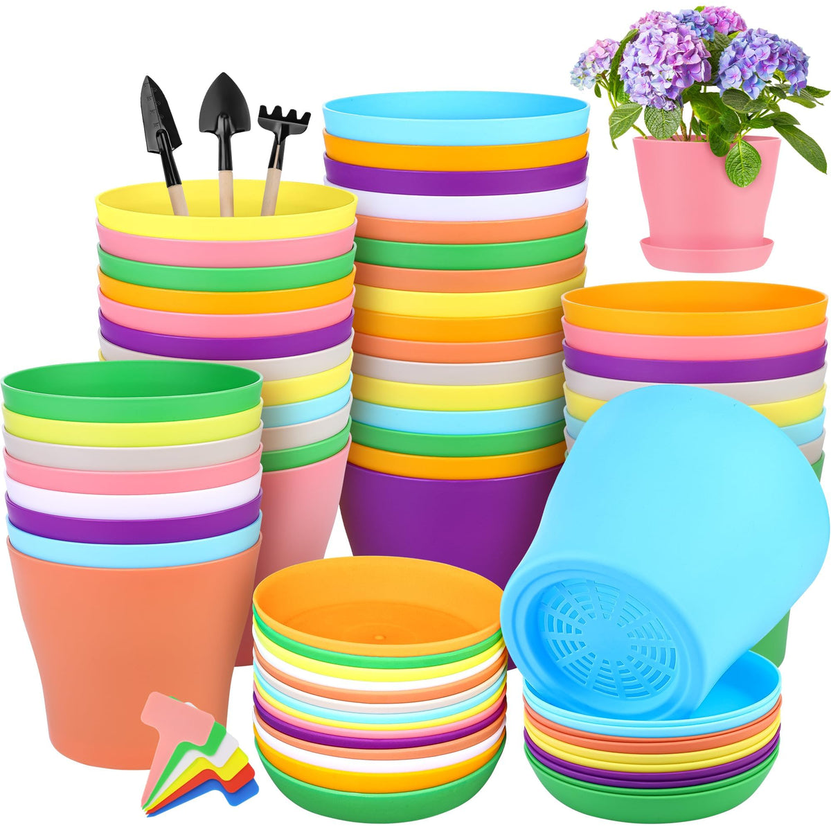 Hahood 36-pack plastic plant pots with saucers for easy garden organization.