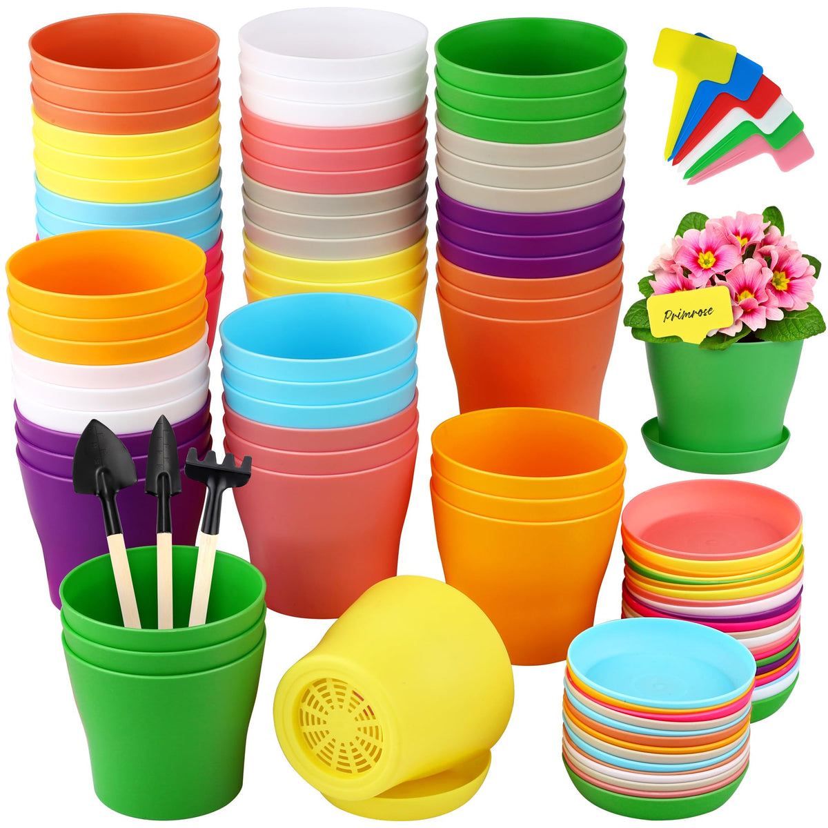 Hahood 60-piece colorful planter pots with trays for easy plant organization.