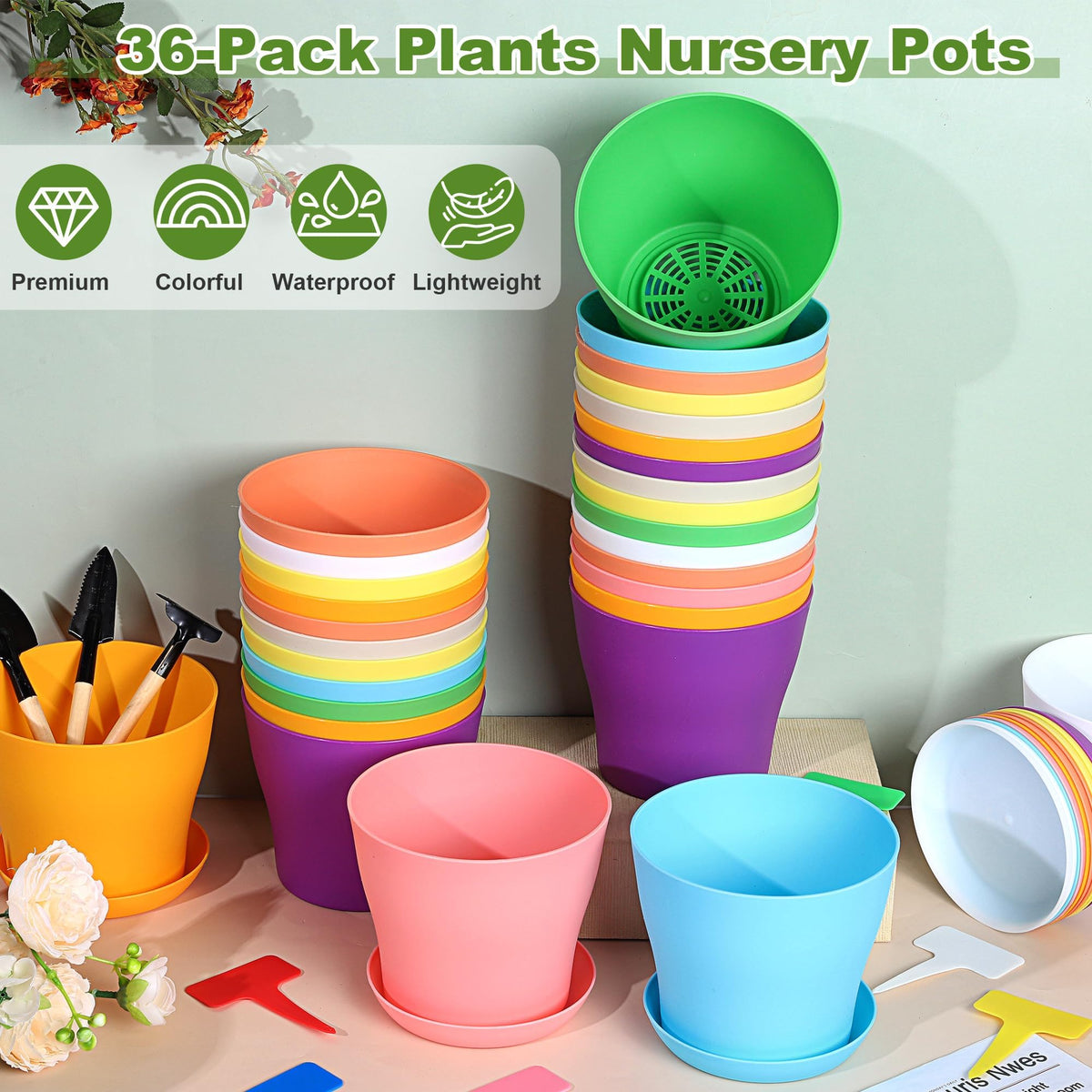 Hahood pots with drainage holes and trays support healthy roots.