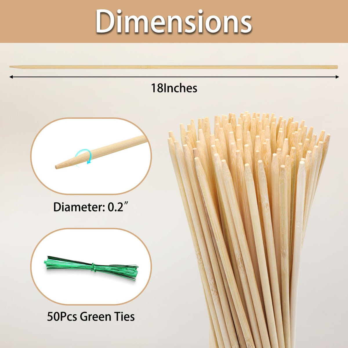 HAINANSTRY bamboo stake packaging shows 50 stakes and 50 green ties for easy setup