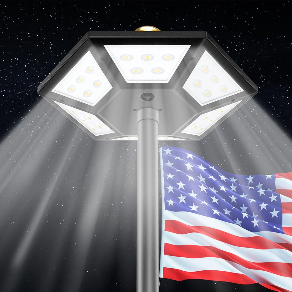 Hainee flag pole light top mount provides bright dusk-to-dawn visibility for outdoor flags.