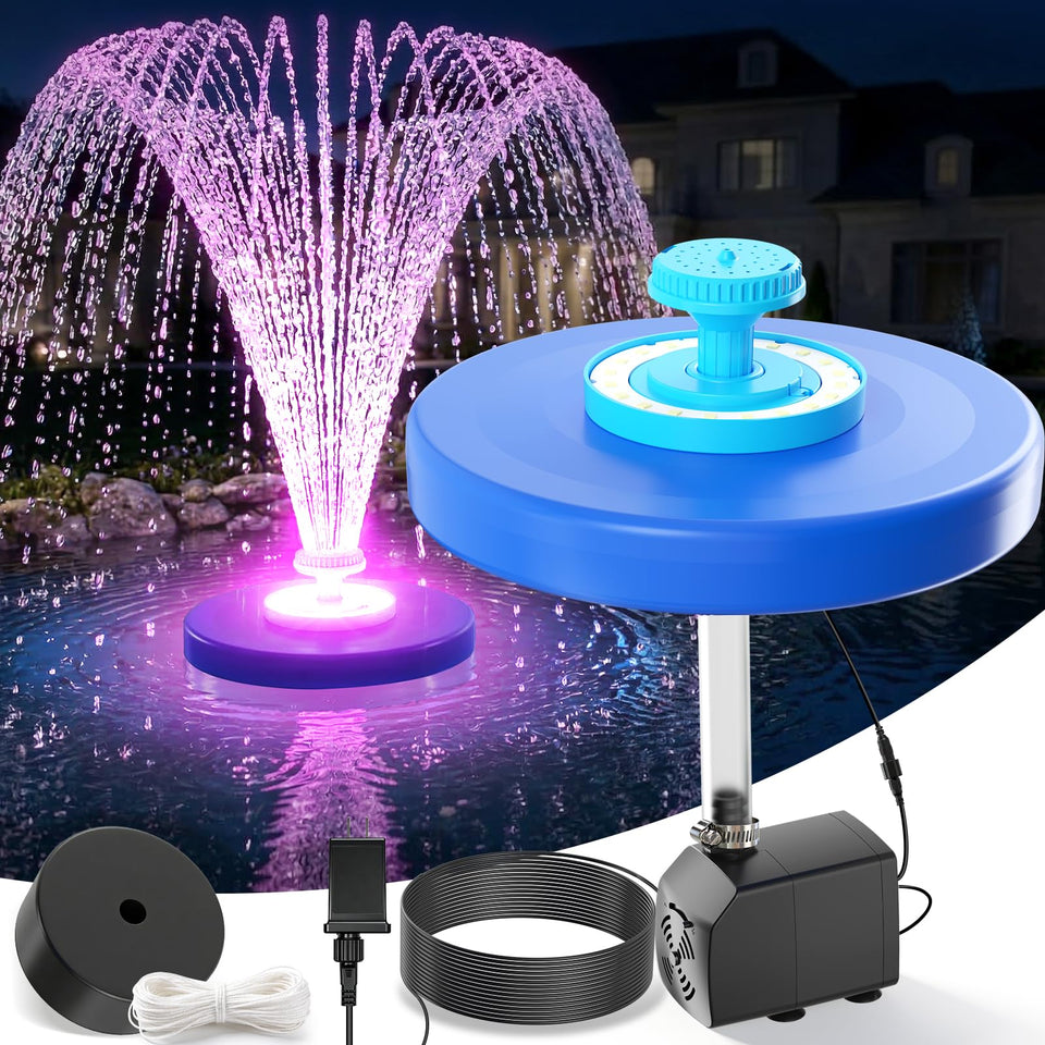 HaiNova large pond fountain with LEDs lights illuminating the pond at night