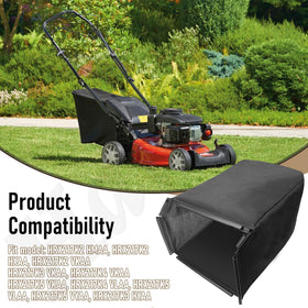 Haiouus mower bag demonstrates fit with Honda HRX217 models for easy compatibility.