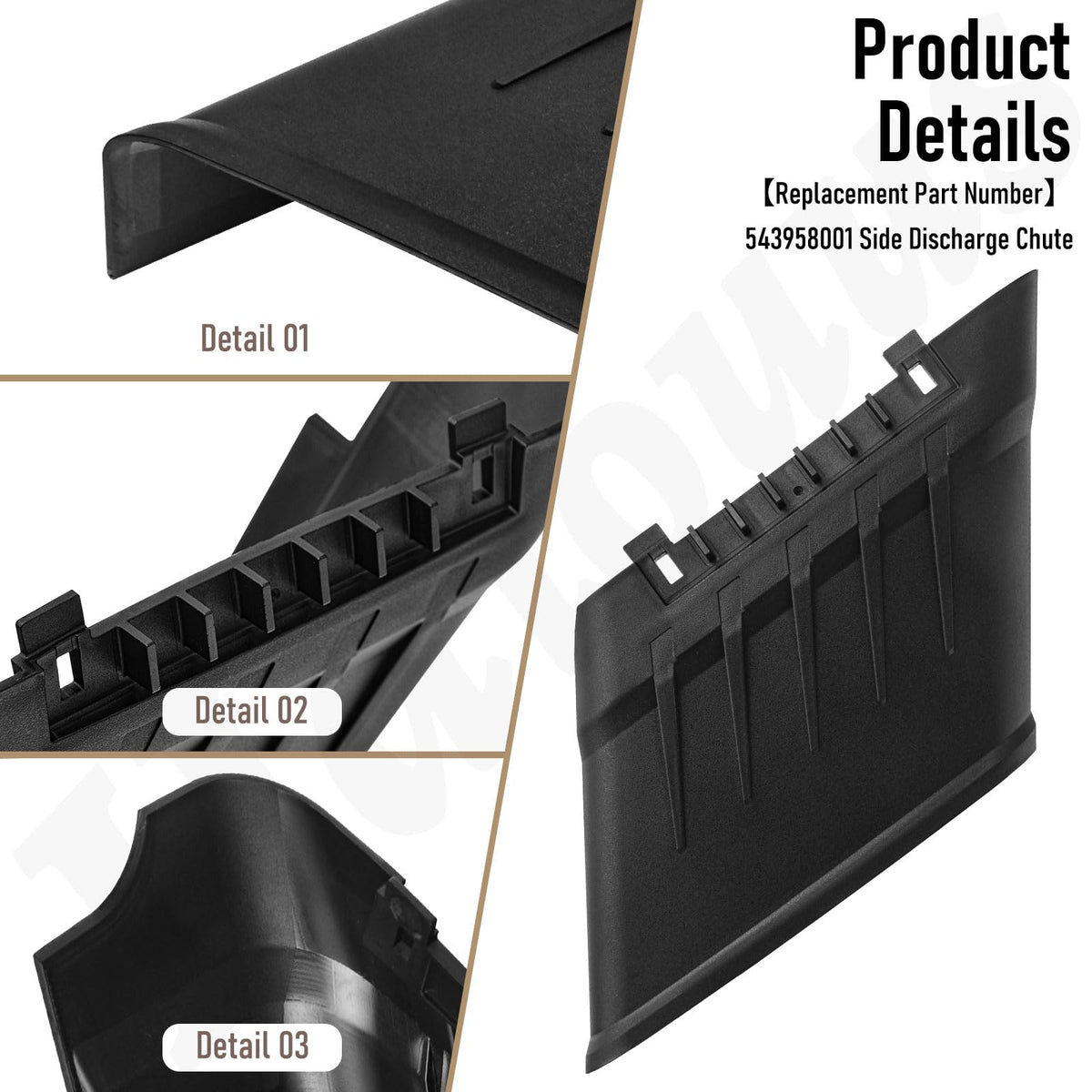 Haiouus side discharge chute compatible with RY401180 keeps clippings away from mowing area.