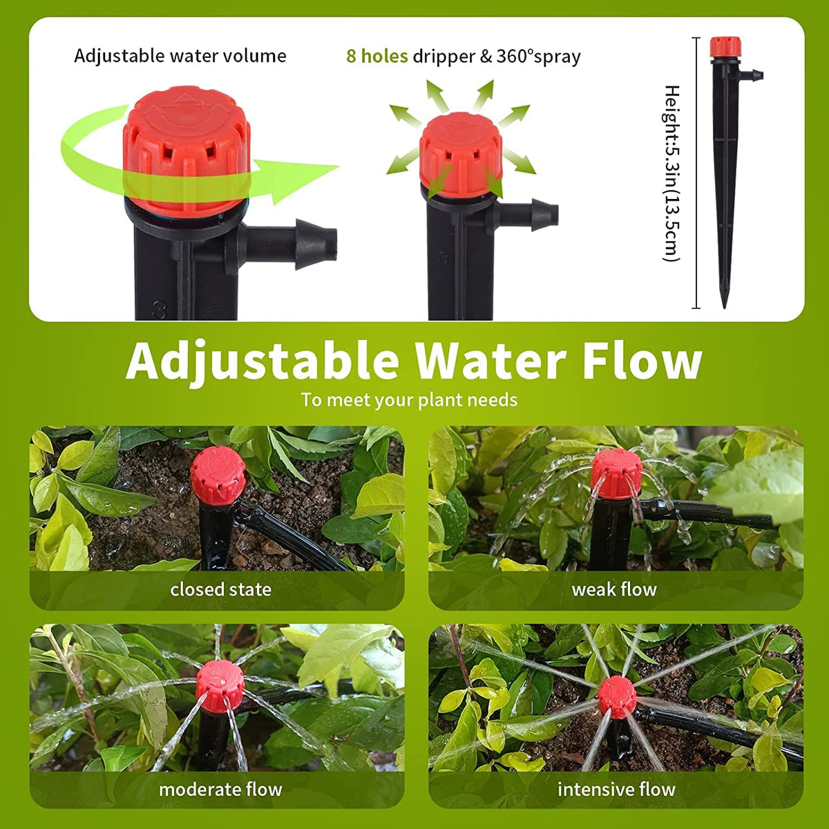 Hakioi adjustable drip emitters with 360-degree flow customize watering for diverse plants.