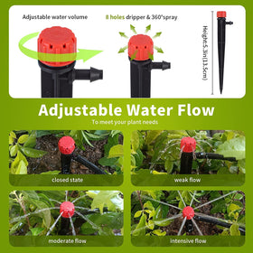 Hakioi adjustable drip emitters with 360-degree flow customize watering for diverse plants.