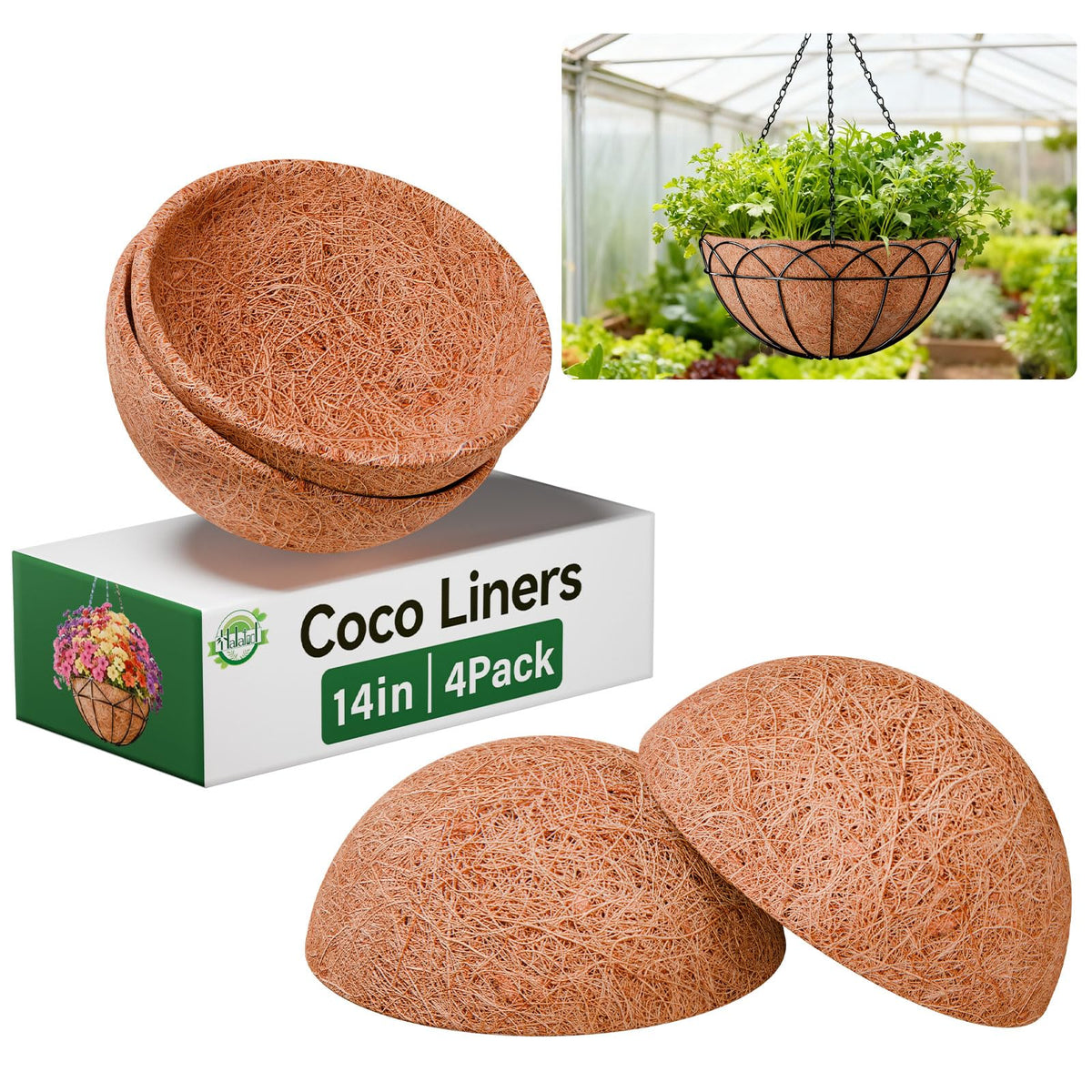 Halatool 14-inch hanging basket coco liner shows natural fiber for drainage and moisture retention
