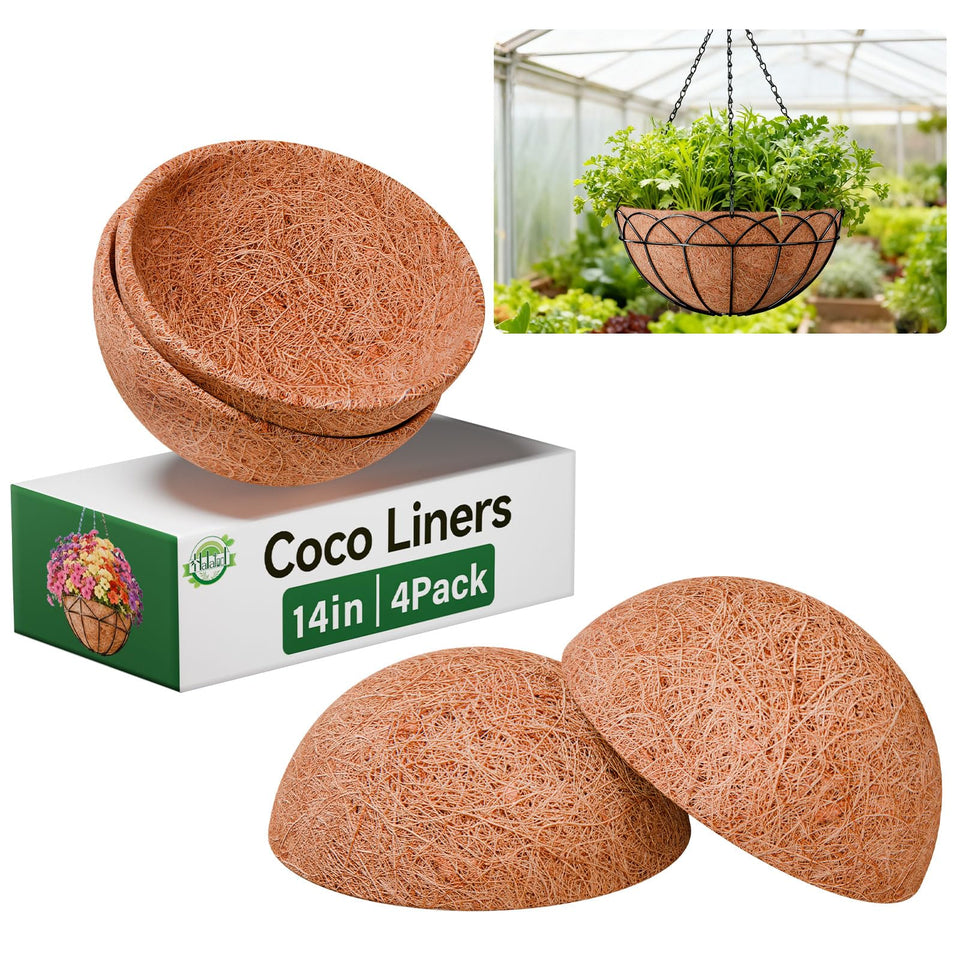 Halatool 14-inch hanging basket coco liner shows natural fiber for drainage and moisture retention