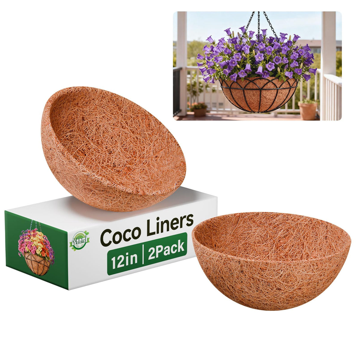 Halatool 2-pack 12-inch coco liners for round planters, easy setup for thriving blooms.
