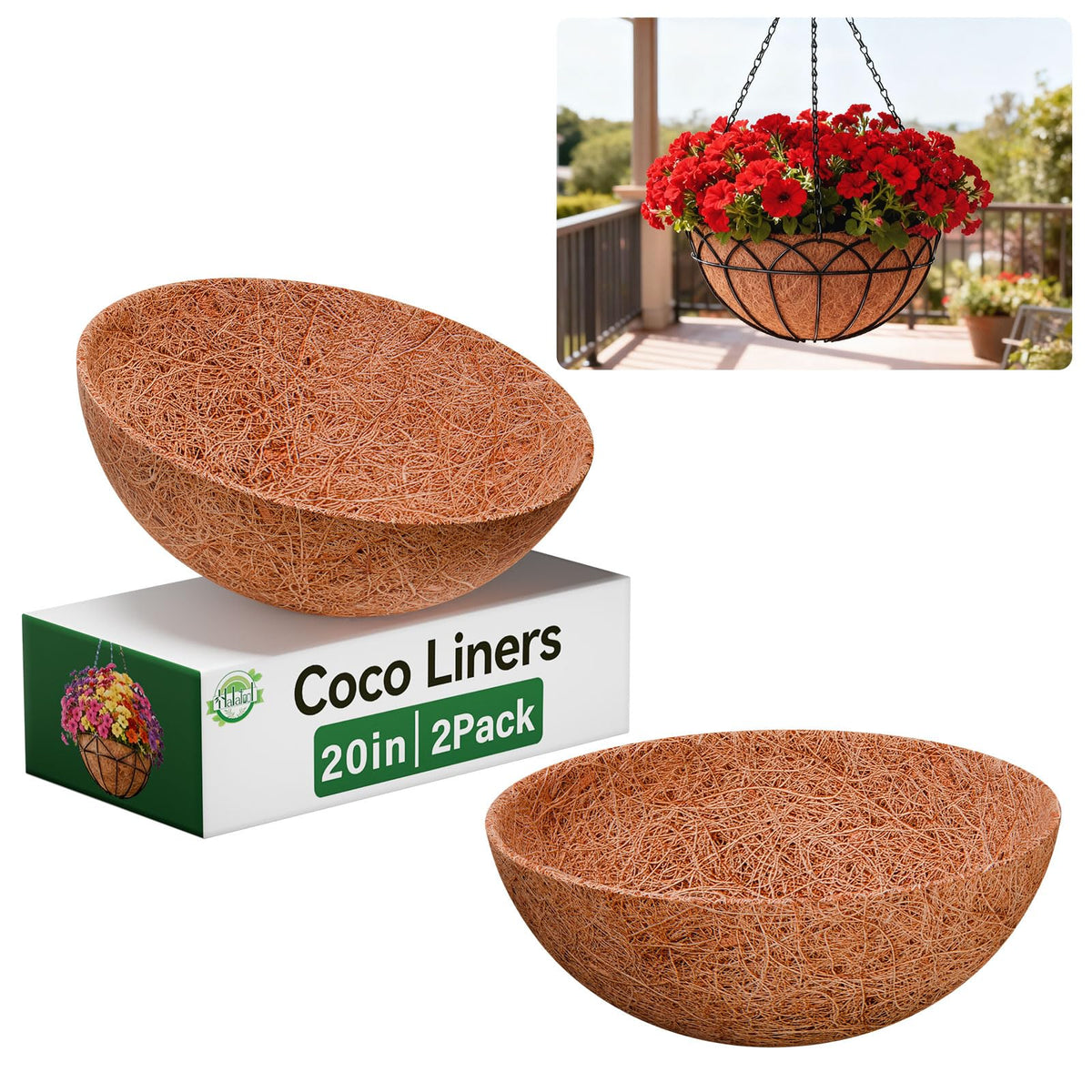 Halatool coconut liner fits 20-inch hanging baskets for vibrant container gardening