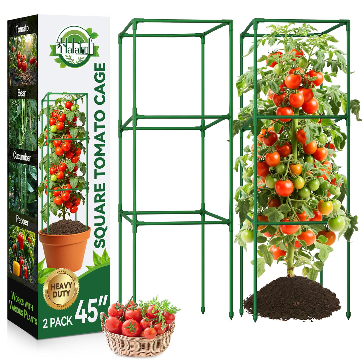 Halatool 2-pack tomato cages 45in, assembled for sturdy garden support.
