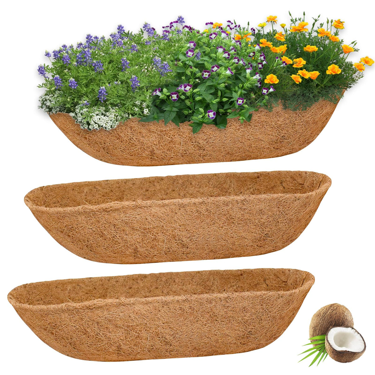 Halatool 30-inch window box liner in natural coconut fiber enhancing drainage for planters.