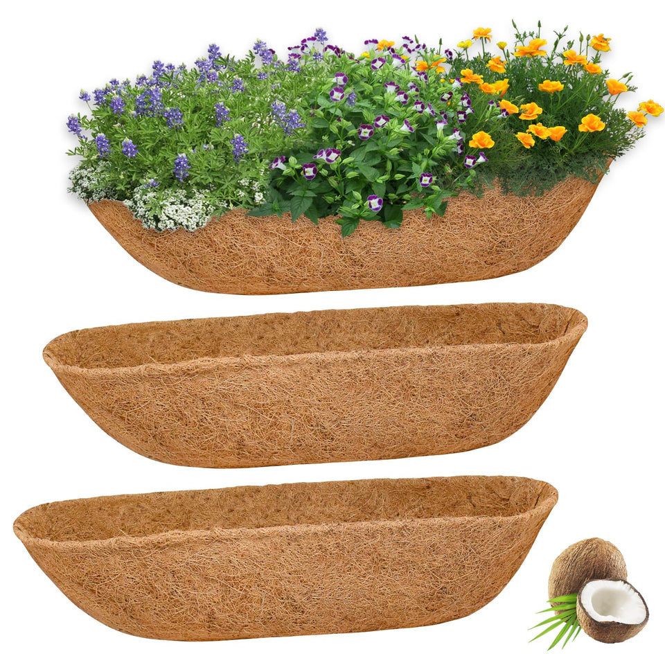 Halatool 30-inch window box liner in natural coconut fiber enhancing drainage for planters.