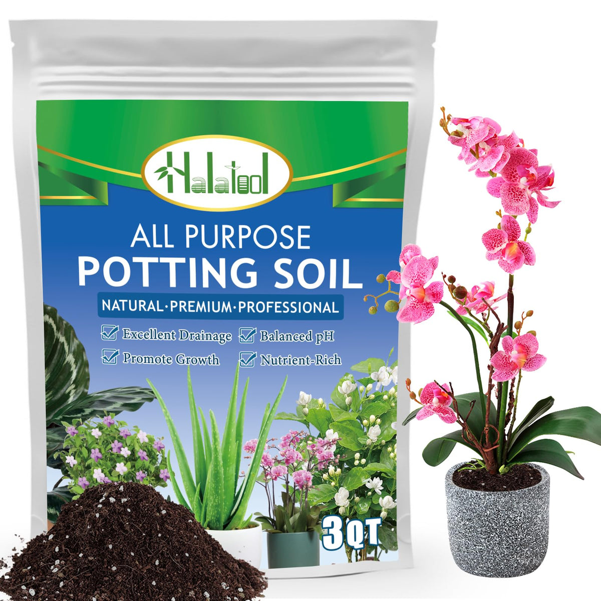Halatool 3QT potting soil for orchids improves drainage and root establishment