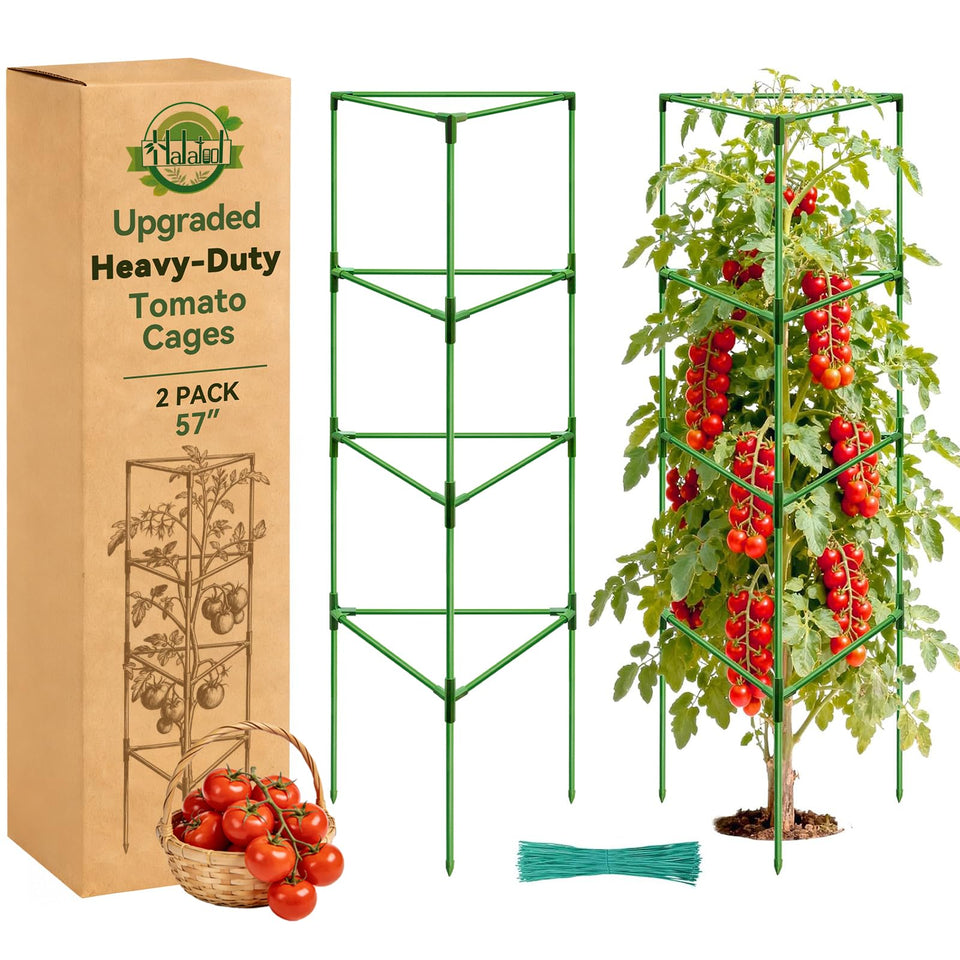 Halatool 57-inch tall tomato cage assembly for quick, sturdy garden setup.