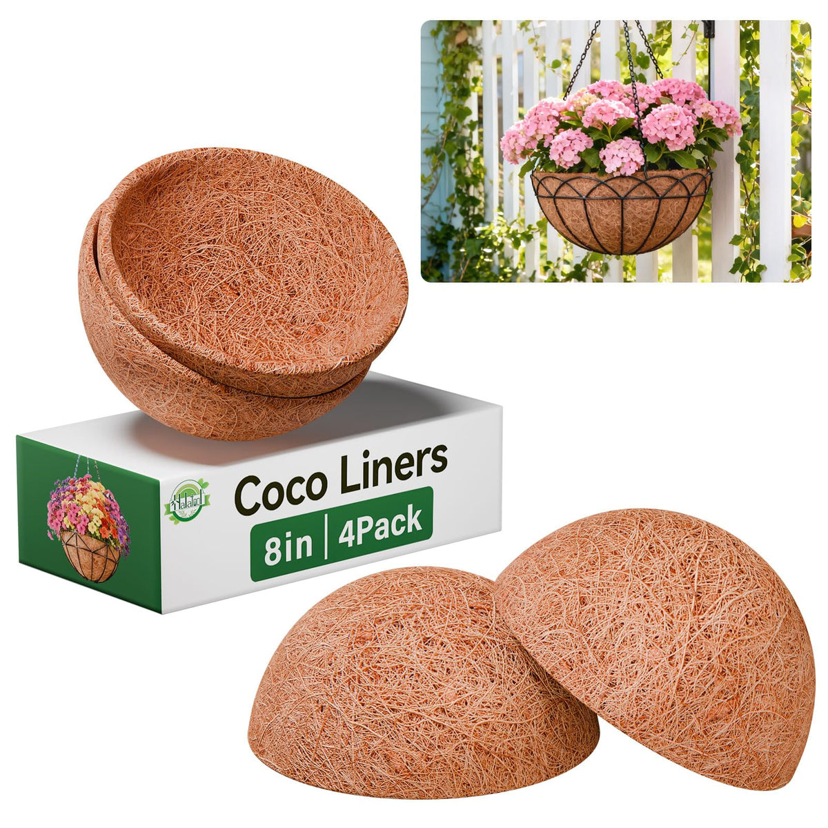 Halatool 8-inch round coconut liner for planters enhances soil aeration and moisture retention.