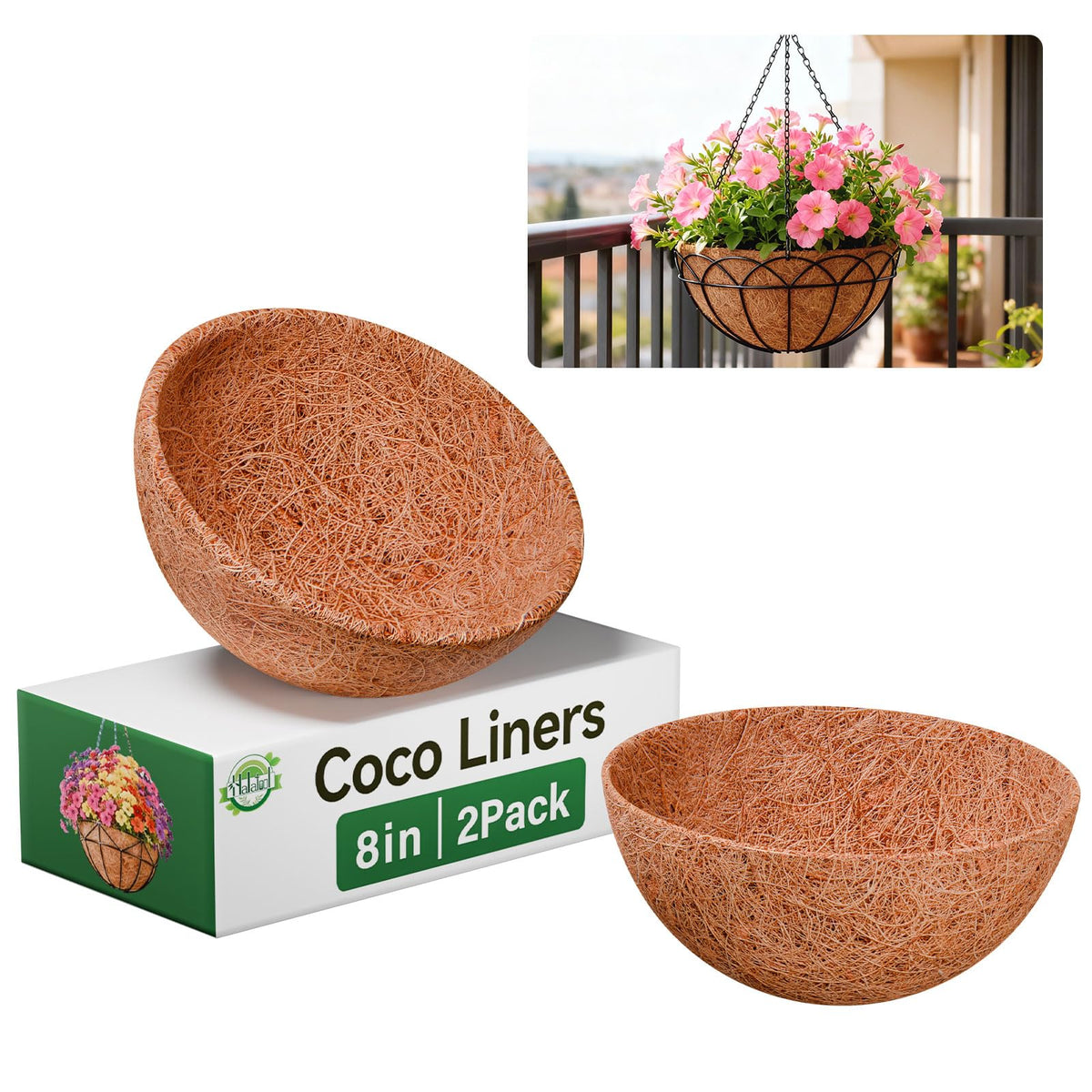 Halatool 8-inch round coco liner for hanging baskets supports vibrant plants