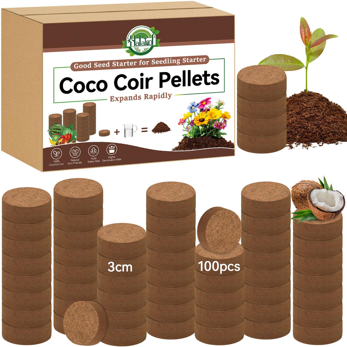Halatool coco coir pellets collection shows compact packaging for quick gardening prep