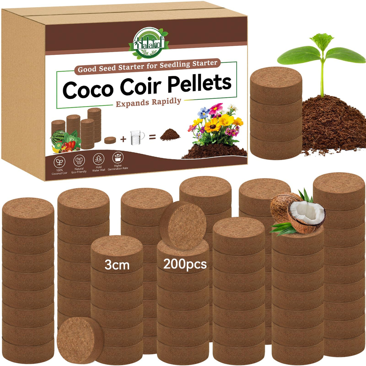 Halatool coco coir pellets pack ready for quick expansion and seed starting.