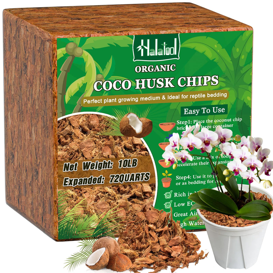 Halatool coco husk chip brick expands into garden mulch for moisture retention.