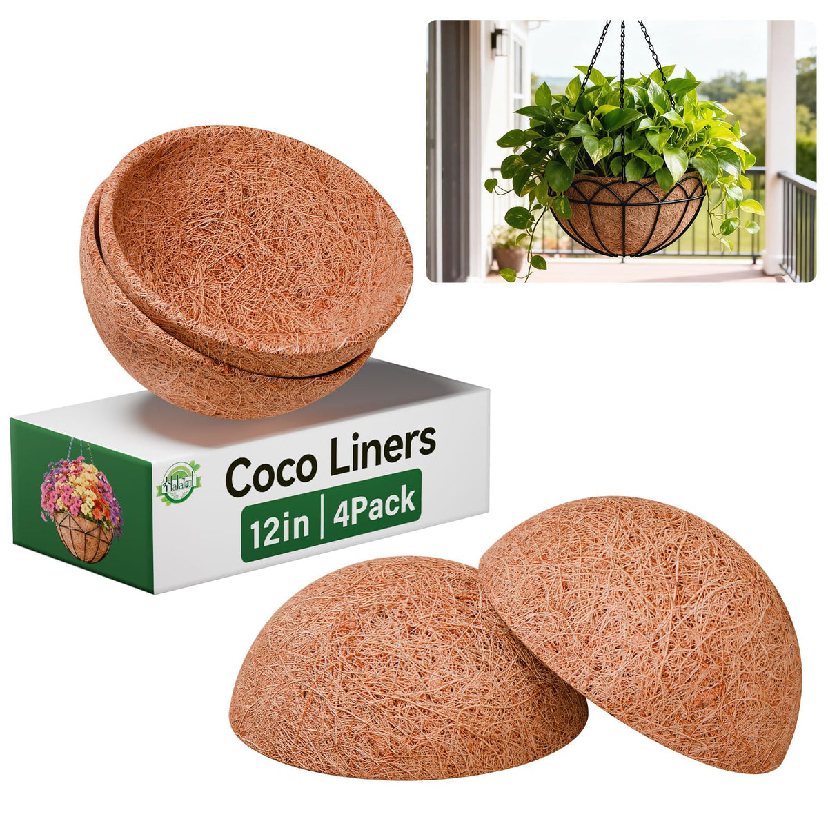 Halatool coco liner round 12-inch close-up highlights natural texture for breathable planters.