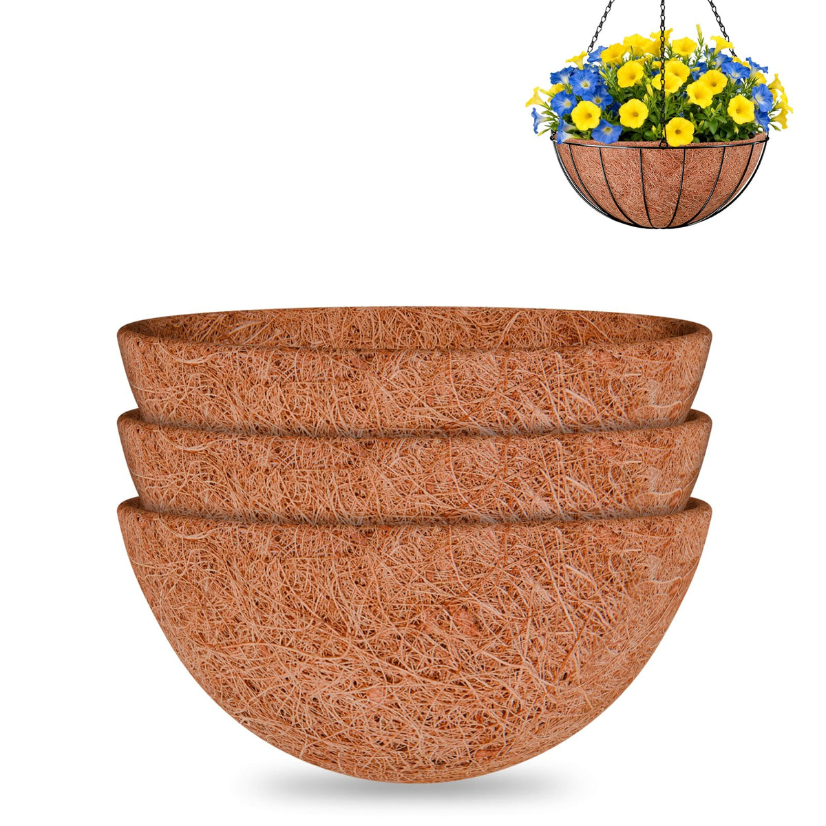 Halatool coco liner closeup texture shows durable coconut fiber for sturdy baskets.