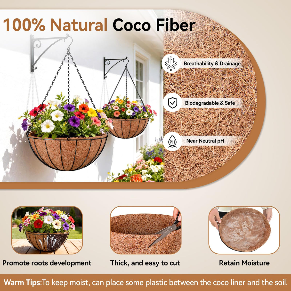 Halatool coco liner in use in a hanging garden highlighting root-friendly space.