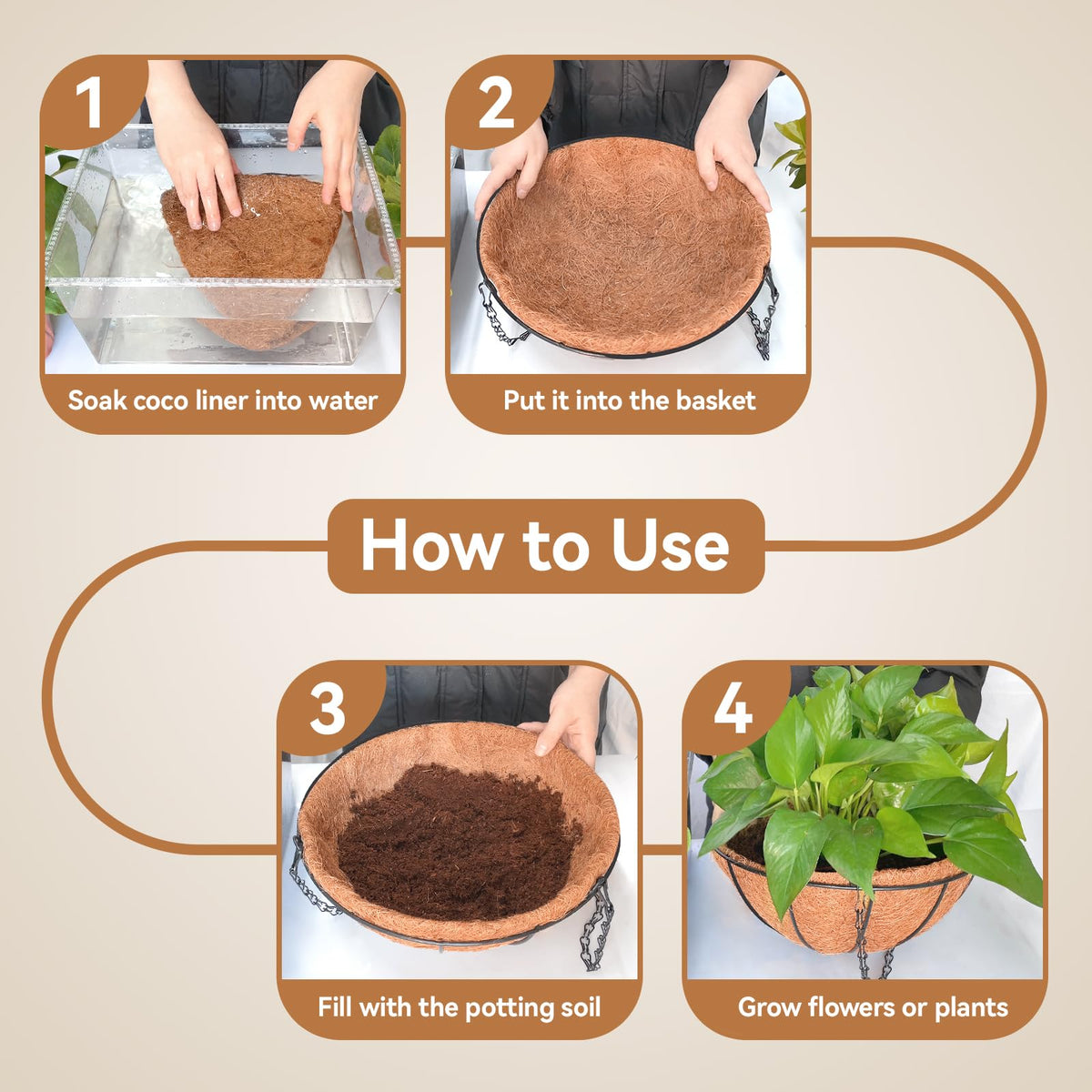 Halatool coco liner soaking before shaping makes fitting quick and easy.