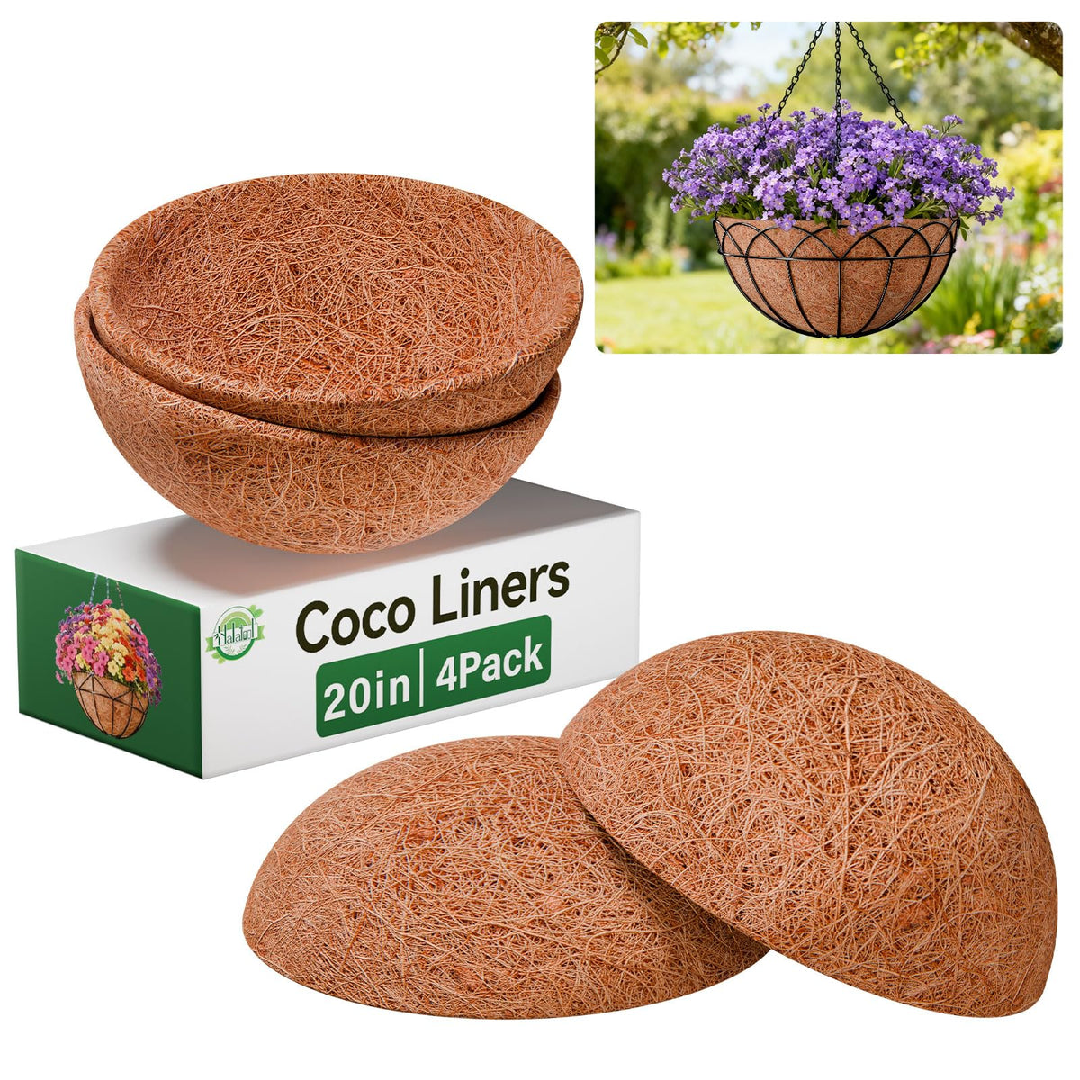 Halatool coco liner round 20in inside a hanging basket improves airflow and water retention.