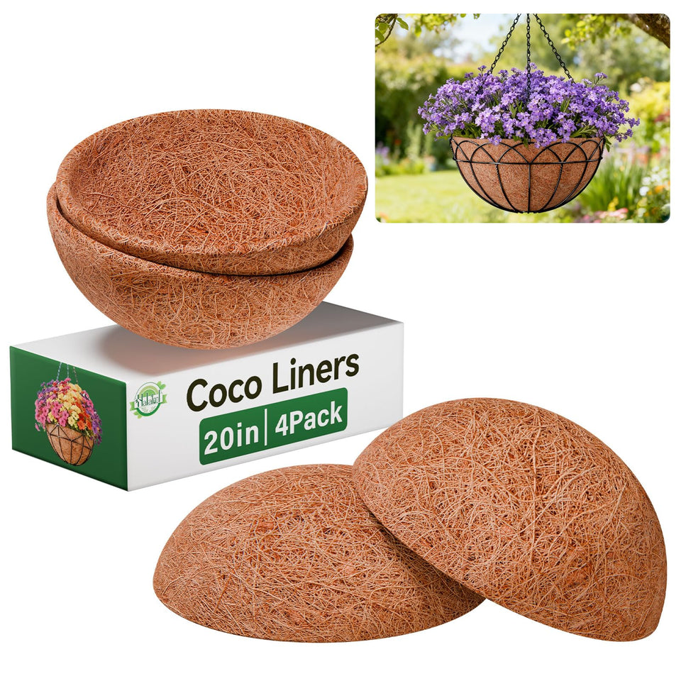 Halatool coco liner round 20in inside a hanging basket improves airflow and water retention.